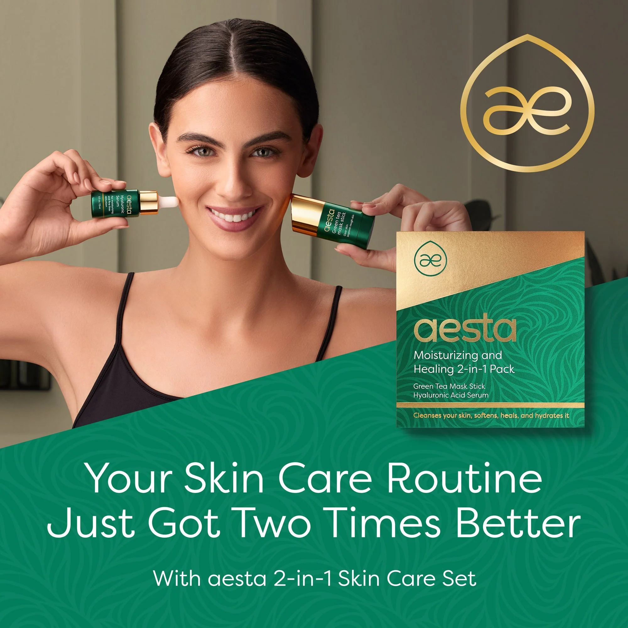 Aesta Green Tea Mask Stick + Hyaluronic Acid Serum for Face Treatment | Gradual Blackhead Remover | Pore-Cleaning, Detoxifying Face Mask, Skin Care Face Serum W/ Anti Aging and Anti Wrinkle Effects - Image 2