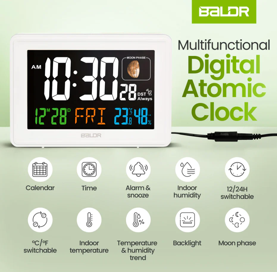 BALDR Atomic Alarm Clock – Large Digital Desk Clock with Thermometer, Humidity & Moon Phase Display - Image 5