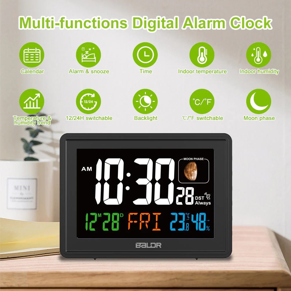 BALDR Atomic Alarm Clock – Large Digital Desk Clock with Thermometer, Humidity & Moon Phase Display - Image 6