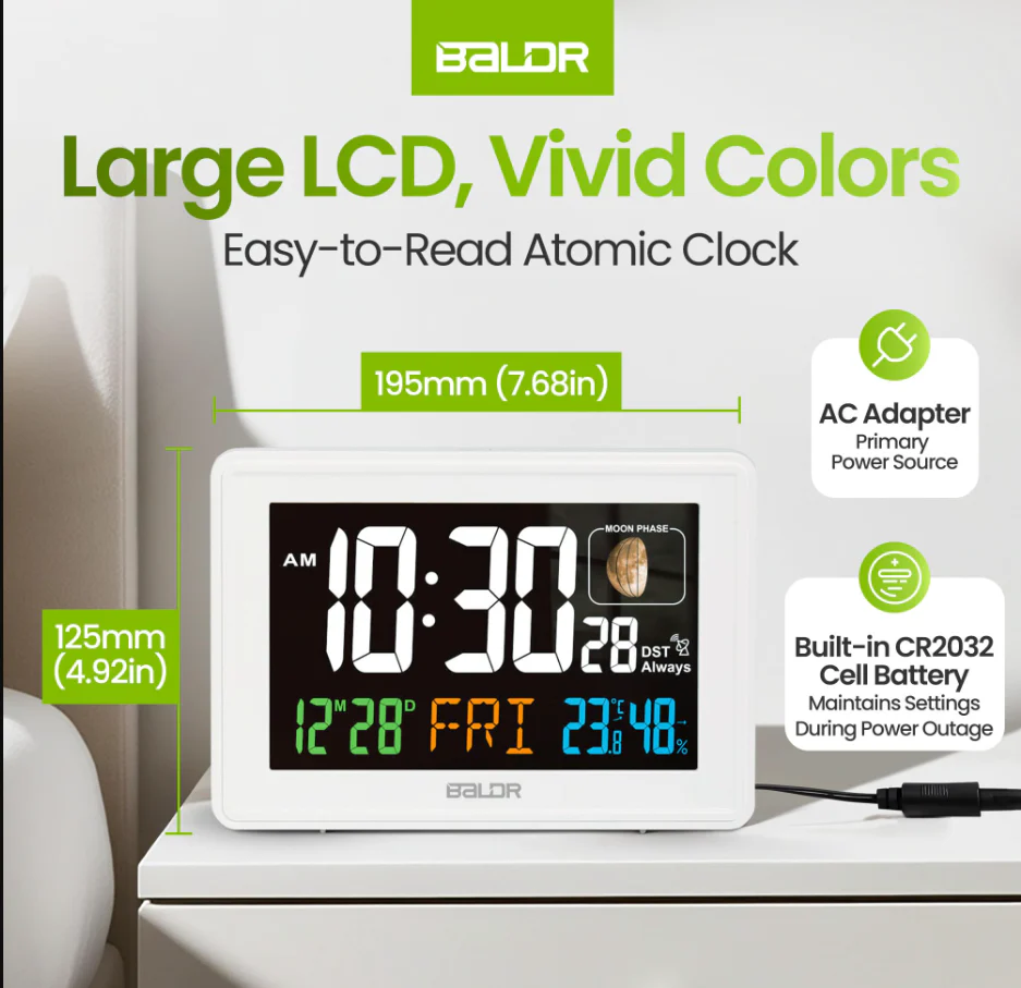 BALDR Atomic Alarm Clock – Large Digital Desk Clock with Thermometer, Humidity & Moon Phase Display - Image 7