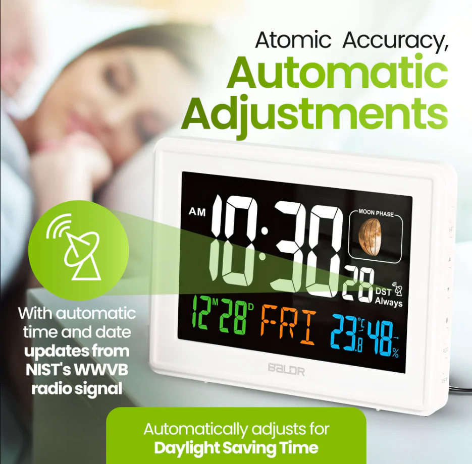 BALDR Atomic Alarm Clock – Large Digital Desk Clock with Thermometer, Humidity & Moon Phase Display - Image 8