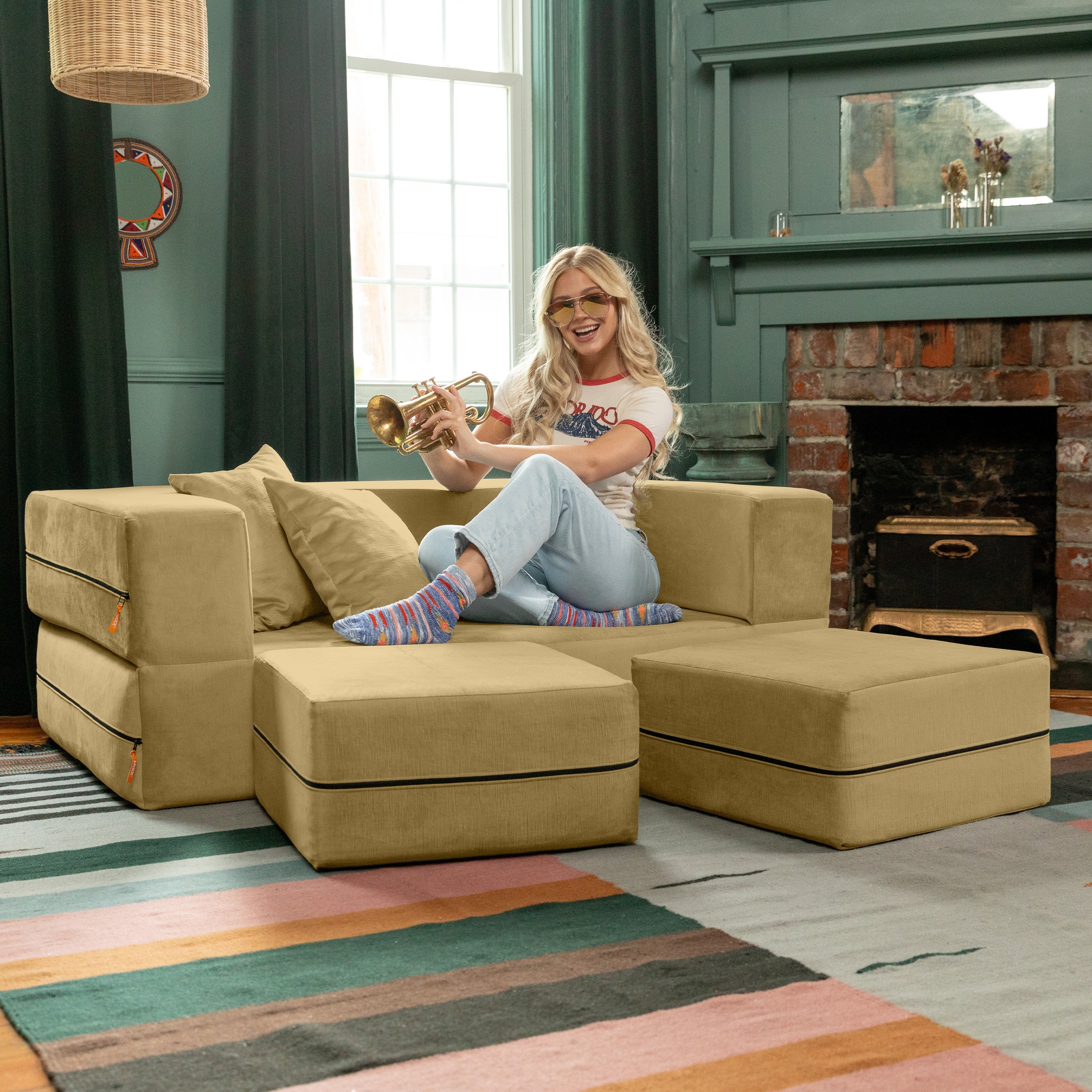 Jaxx Zipline Convertible Sleeper Loveseat & Ottomans - Image 3