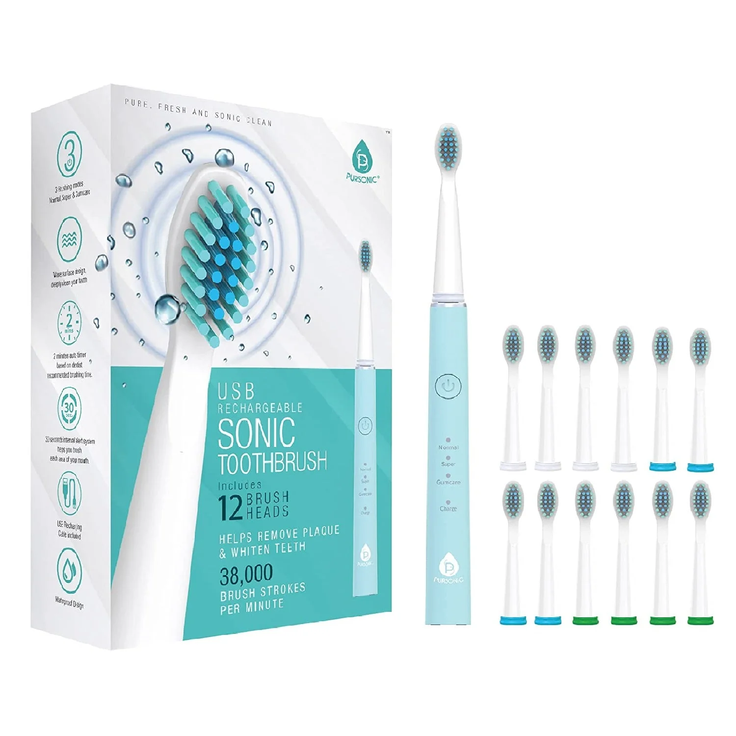 USB Rechargeable Sonic Toothbrush with 12 Brush Heads - Image 3