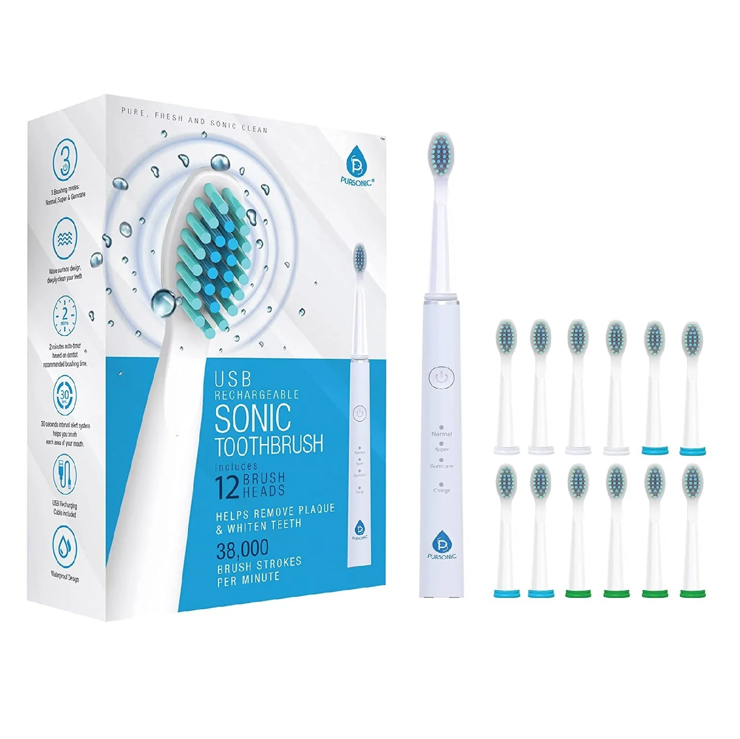 USB Rechargeable Sonic Toothbrush with 12 Brush Heads - Image 5
